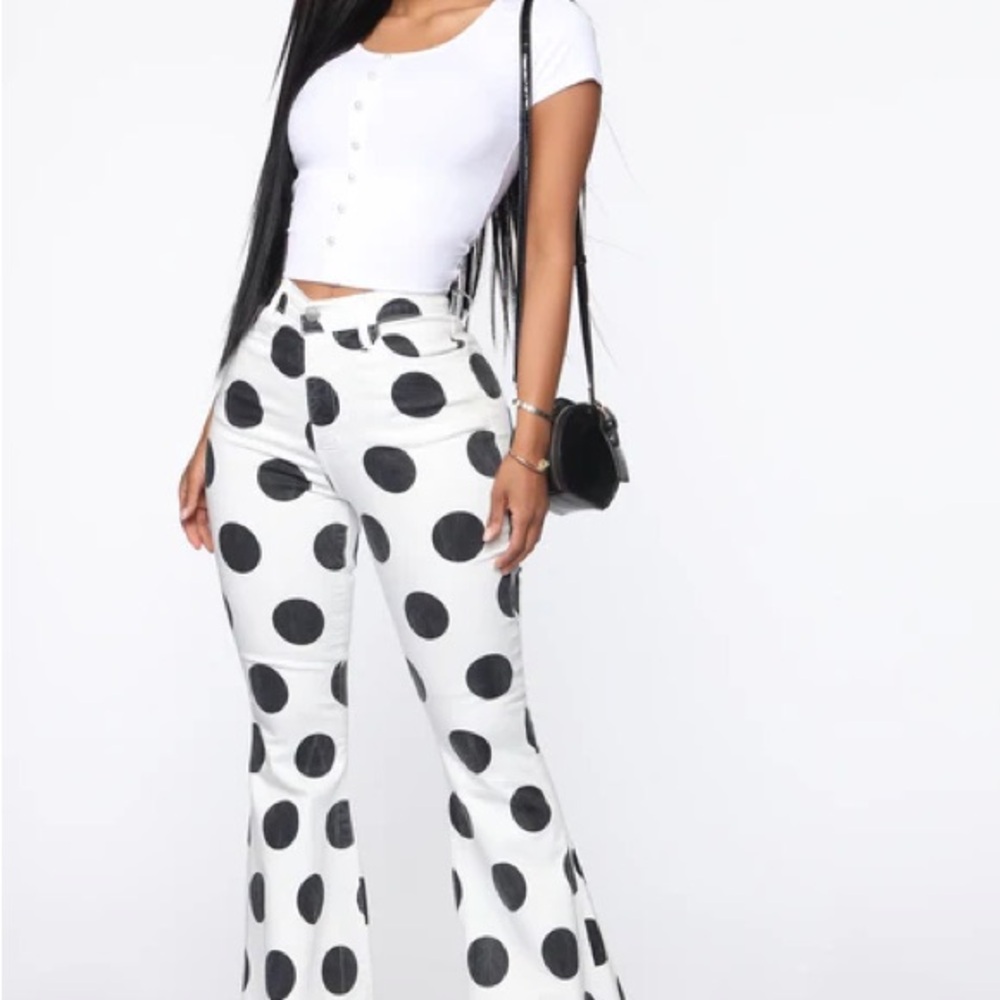 Fashion Nova Black and White Polka Dot Flare Jeans